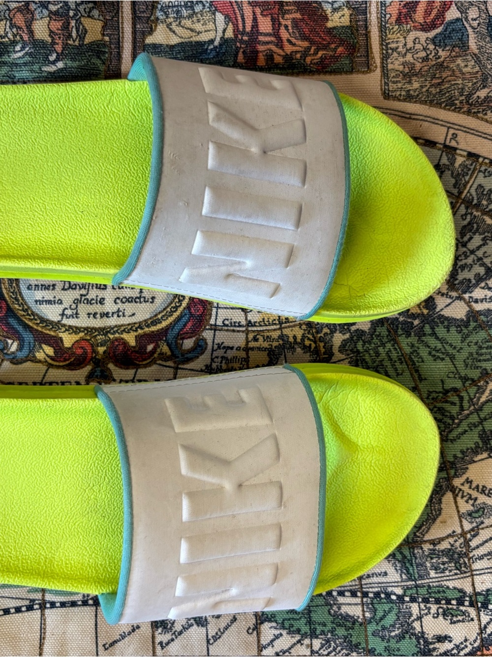 Neon Yellow Slide Sandals with Embossed White Strap